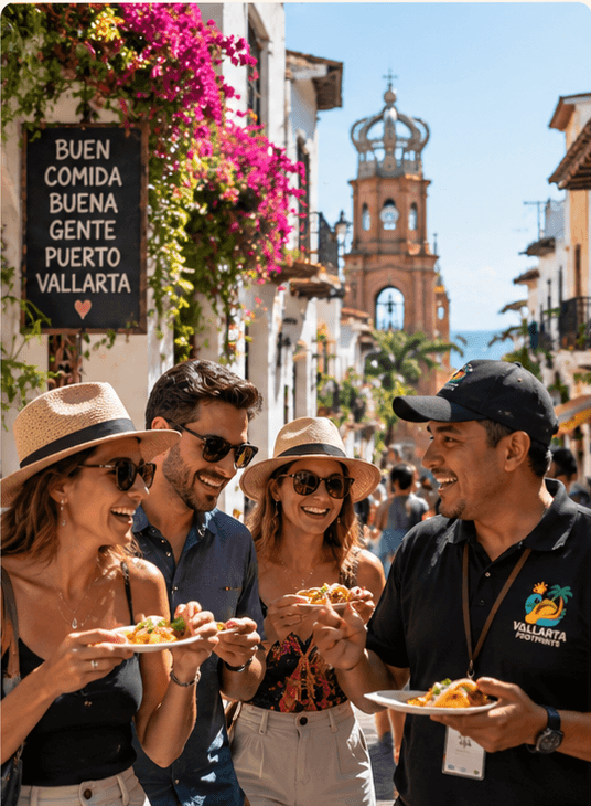 Guests laughing and sharing street food with their Vallarta Footprints guide on a colorful Old Town Puerto Vallarta street, with a historic church tower in the background