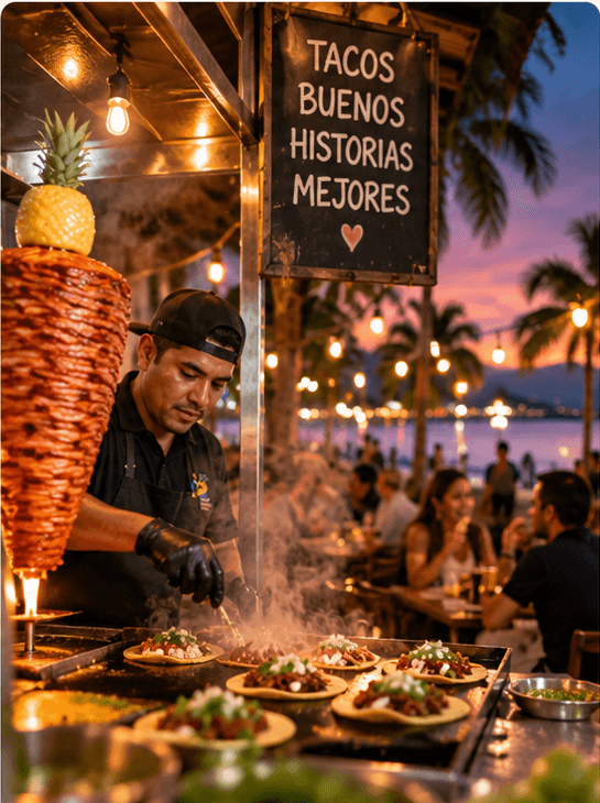 A taco vendor grilling al pastor tacos at a lively Puerto Vallarta taco stand at sunset, with string lights and palm trees in the background